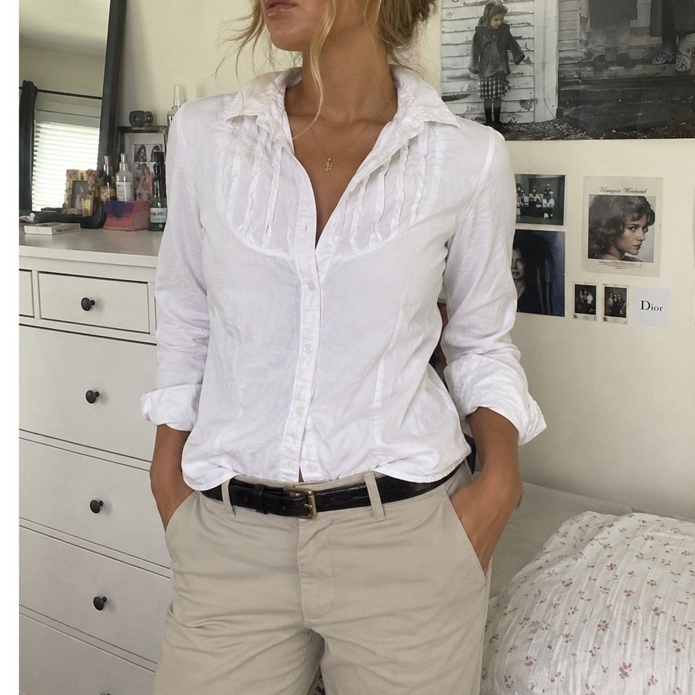Vintage Gap White Ruffle Bib Button Down Shirt Victorian Preppy Academia- M